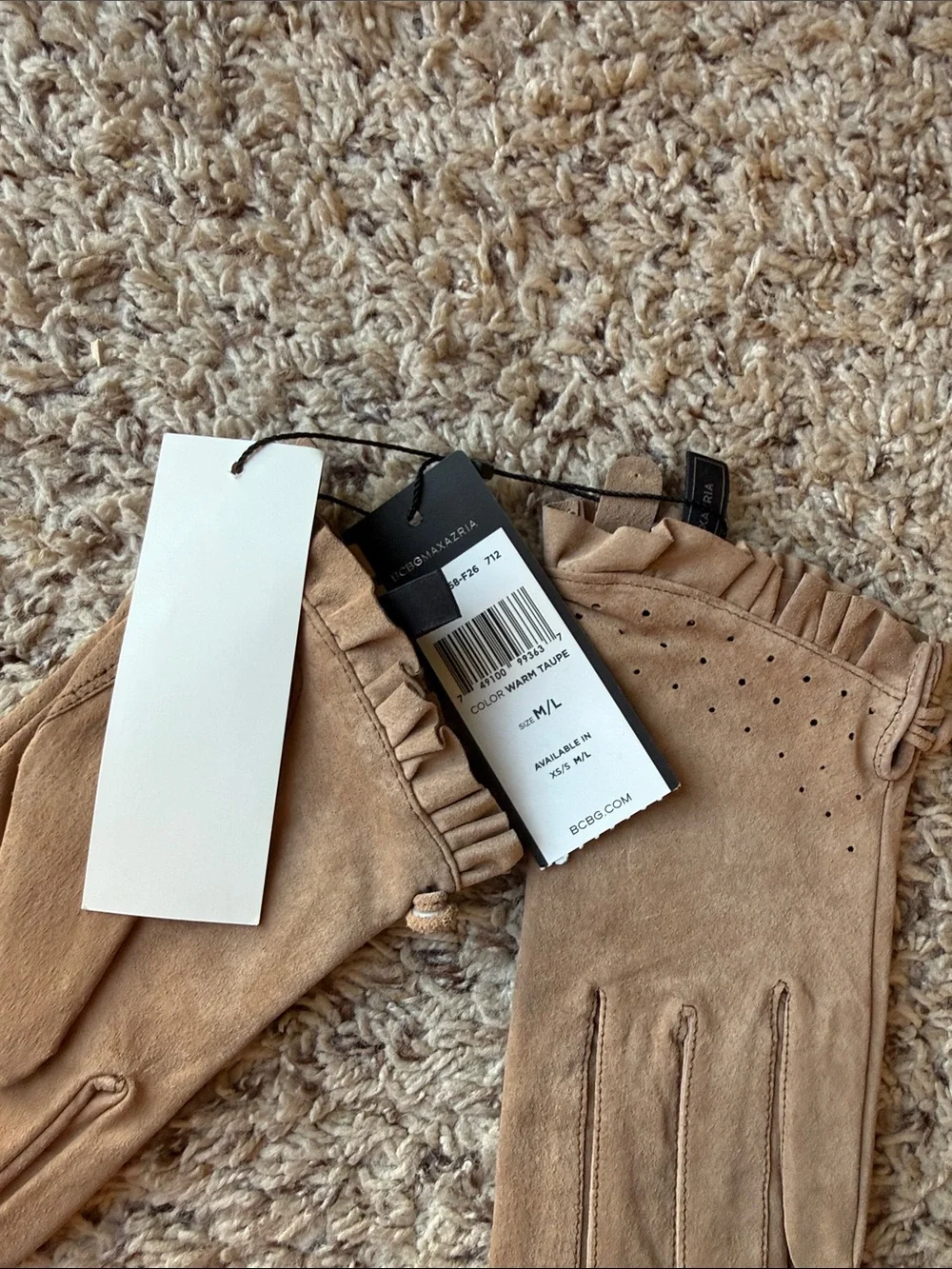 BCBGMaxAzria Taupe Suede Ruffle-Trim Gloves